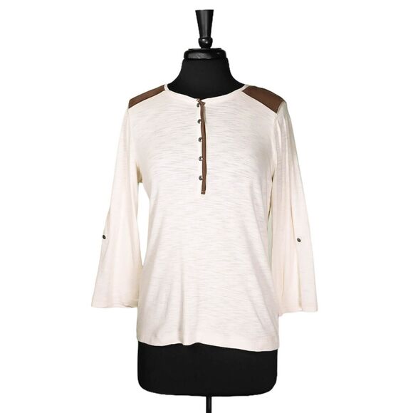 Ralph Lauren Womens Blouse Beige Brown Faux Leather Button 3/4 Sleeve Knit Top L - Picture 1 of 8